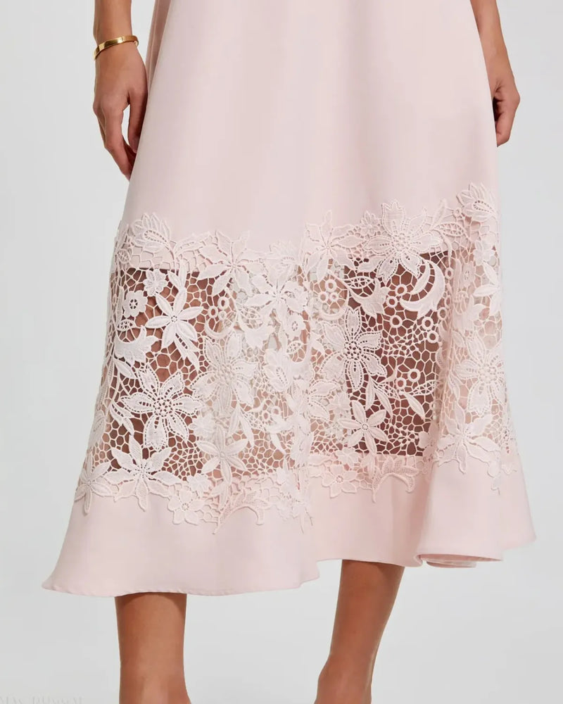 Pink Crepe Boat Neck Midi Dress With Applique Cut Out by Mac Duggal in blush color for women Worldwide