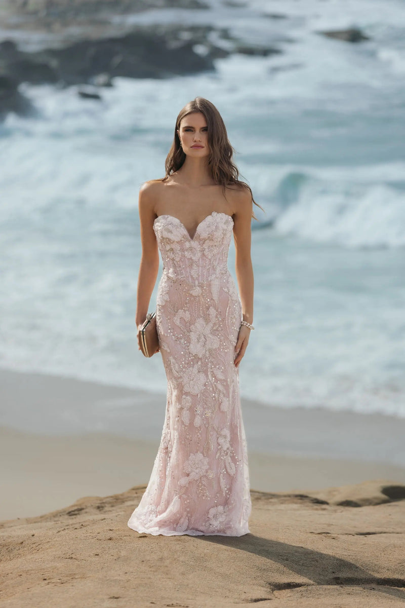 21283-Pink Embellished Lace Strapless Sweetheart Gown polyester evening-gowns by Mac Duggal in white for women Worldwide