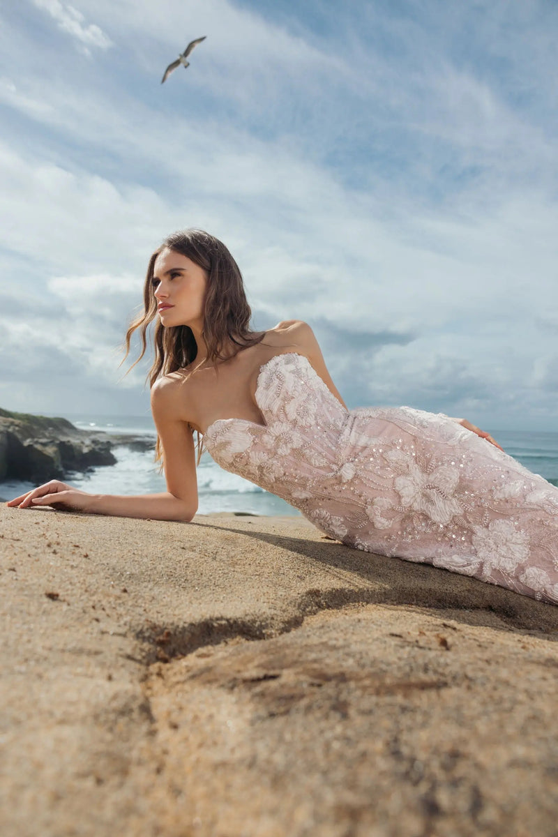 21283-Pink Embellished Lace Strapless Sweetheart Gown polyester evening-gowns by Mac Duggal in white for women Worldwide