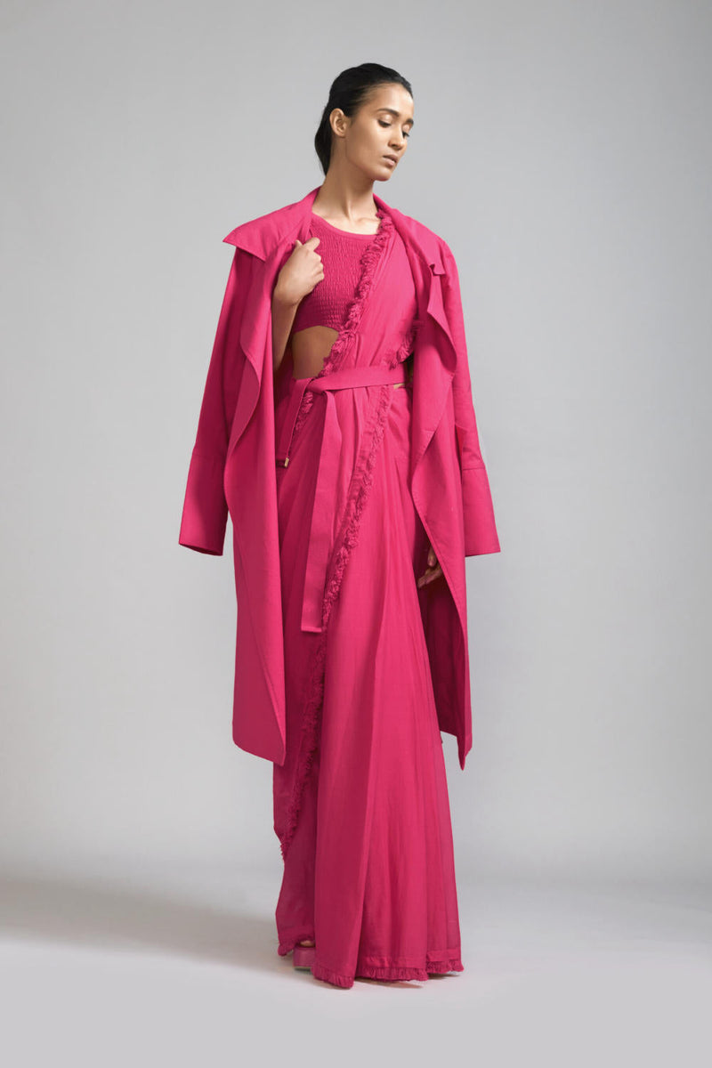 Pink Fringed Saree-Bodysuit-Jacket Set (3 PCS) cotton Saree by Mati in pink color for women Worldwide