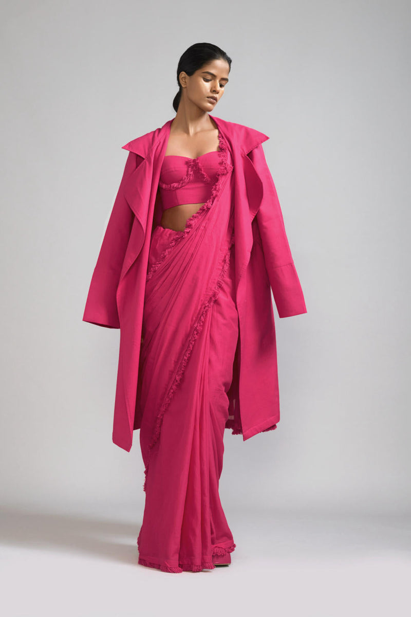 Pink Fringed Saree-Corset-Jacket Set (3 PCS) cotton Saree by Mati in pink color for women Worldwide
