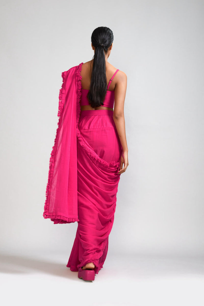 Pink Fringed Saree cotton Saree by Mati in pink color for women Worldwide