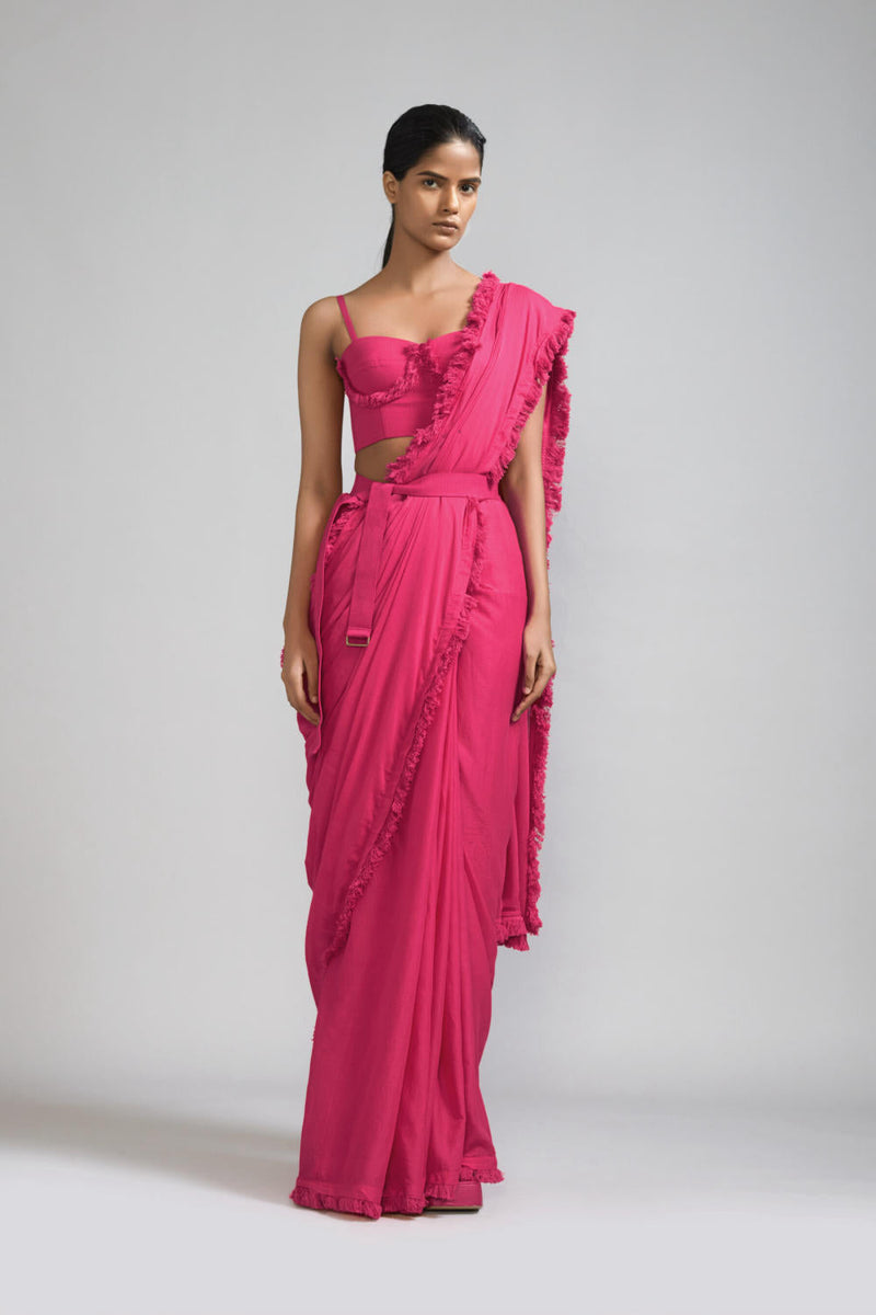 Pink Fringed Saree & Fringed Corset Set (2 PCS) cotton Saree by Mati in pink color for women Worldwide