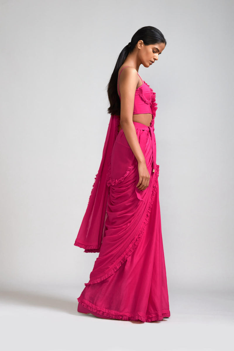 Pink Fringed Saree & Fringed Corset Set (2 PCS) cotton Saree by Mati in pink color for women Worldwide