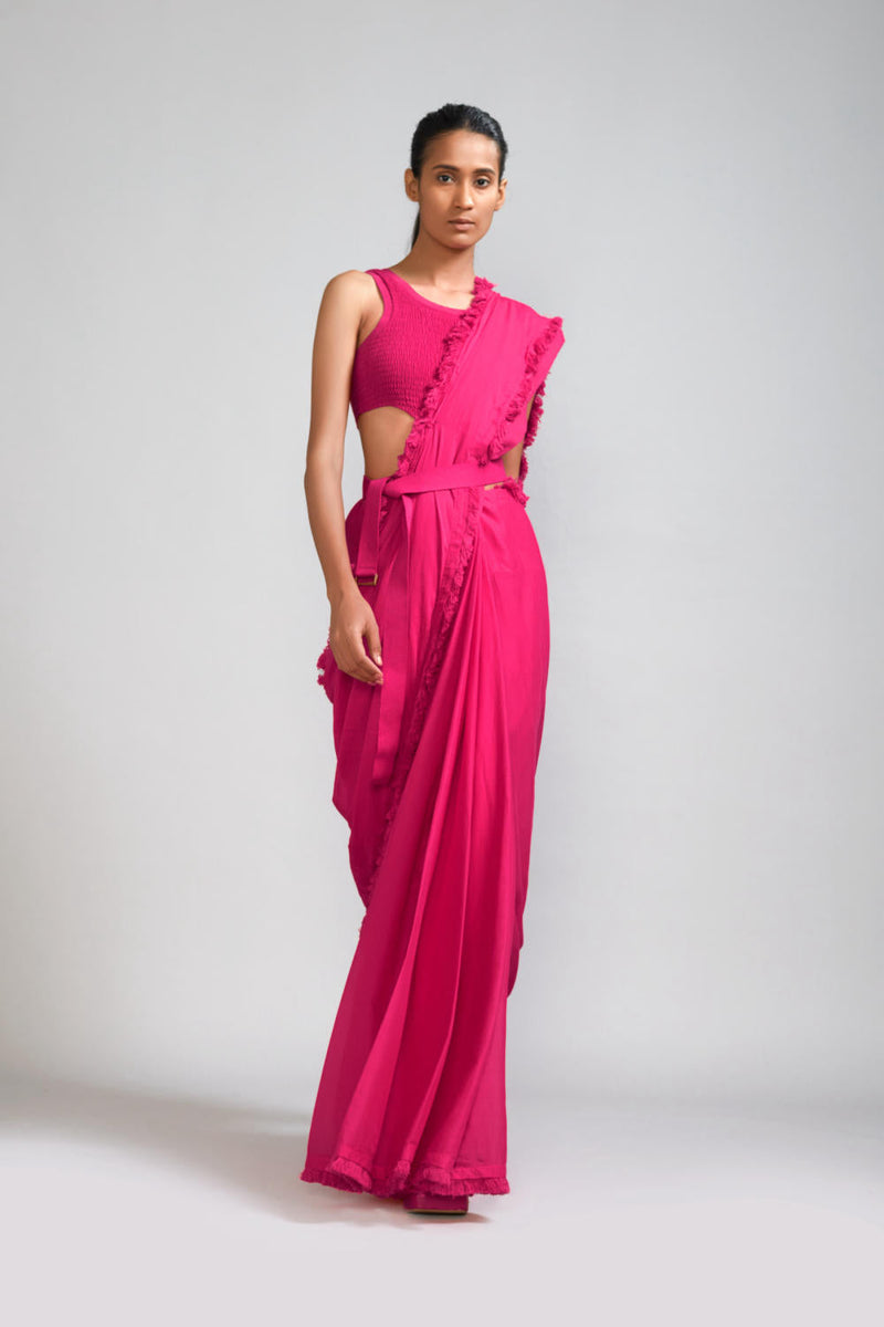 Pink Fringed Saree cotton Saree by Mati in pink color for women Worldwide