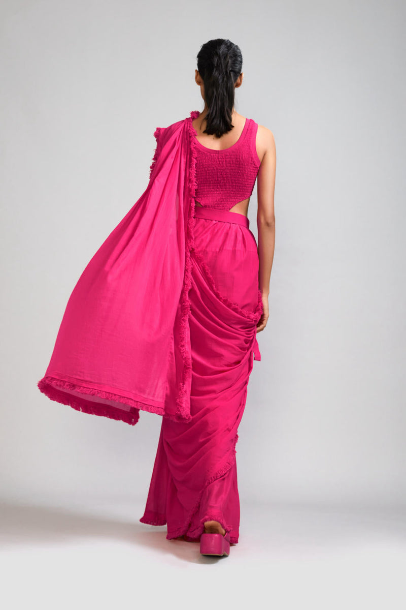 Pink Fringed Saree & Smocked Bodysuit Set (2 PCS) cotton Saree by Mati in pink color for women Worldwide