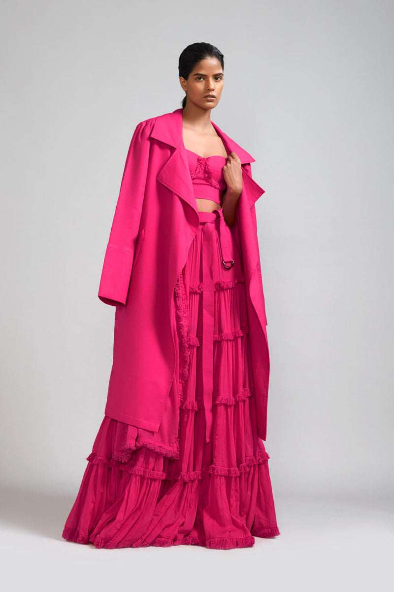 Pink Fringed Tiered Lehenga Jacket Set (3 PCS) cotton Lehenga Sets by Mati in pink color for women Worldwide