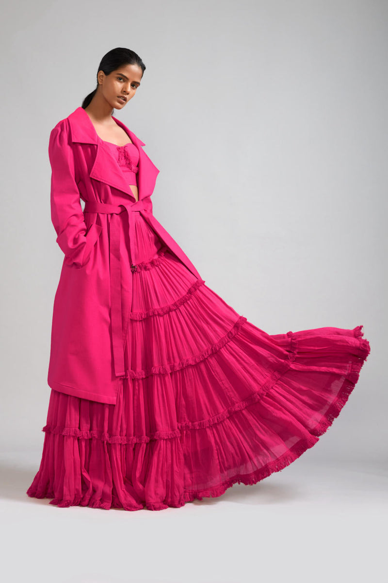 Pink Fringed Tiered Lehenga Set (2 PCS) cotton Lehenga Sets by Mati in pink color for women Worldwide