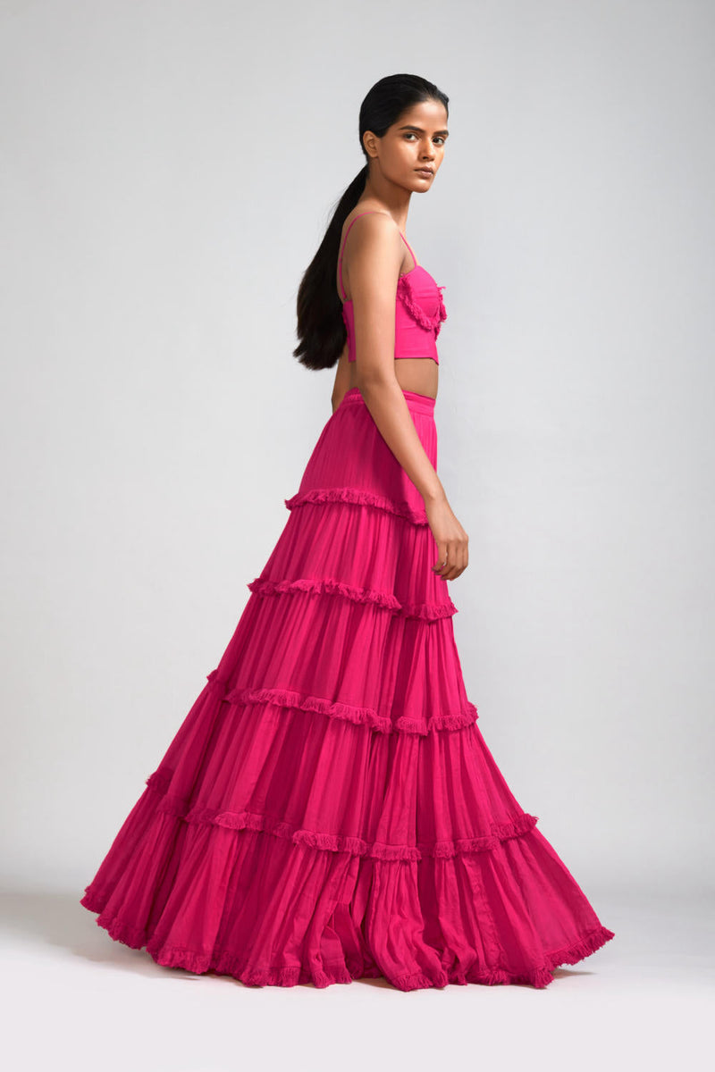 Pink Fringed Tiered Lehenga Set (2 PCS) cotton Lehenga Sets by Mati in pink color for women Worldwide