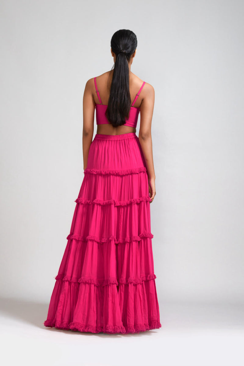 Pink Fringed Tiered Lehenga Set (2 PCS) cotton Lehenga Sets by Mati in pink color for women Worldwide