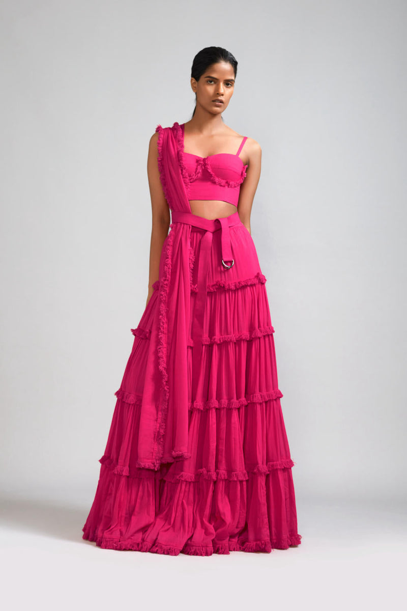 Pink Fringed Tiered Lehenga Set (3 PCS) cotton Lehenga Sets by Mati in pink color for women Worldwide