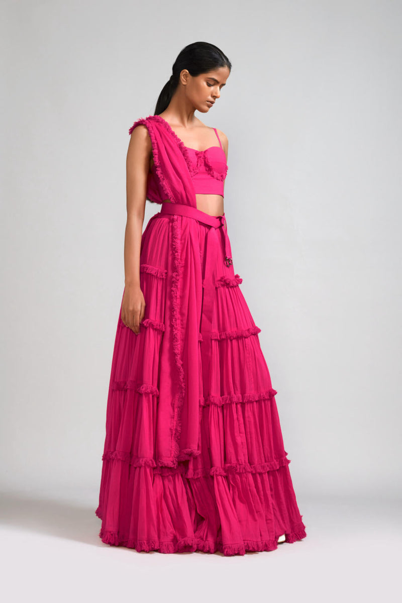 Pink Fringed Tiered Lehenga Set (3 PCS) cotton Lehenga Sets by Mati in pink color for women Worldwide