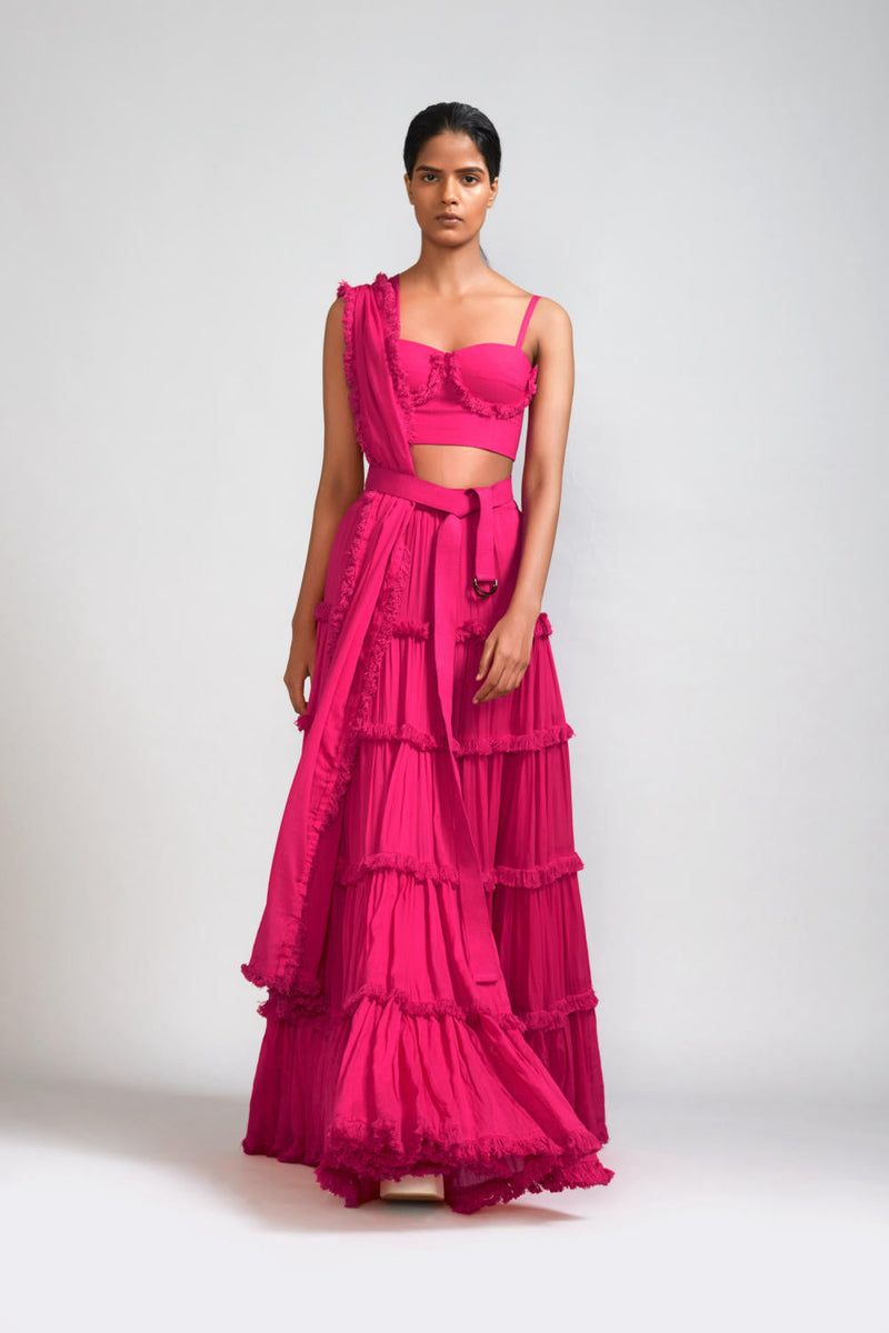 Pink Fringed Tiered Lehenga Set (3 PCS) cotton Lehenga Sets by Mati in pink color for women Worldwide