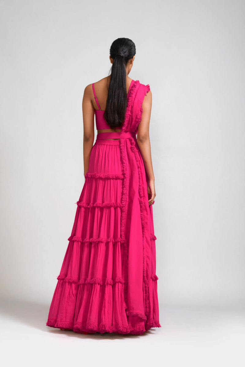 Pink Fringed Tiered Lehenga Set (3 PCS) cotton Lehenga Sets by Mati in pink color for women Worldwide