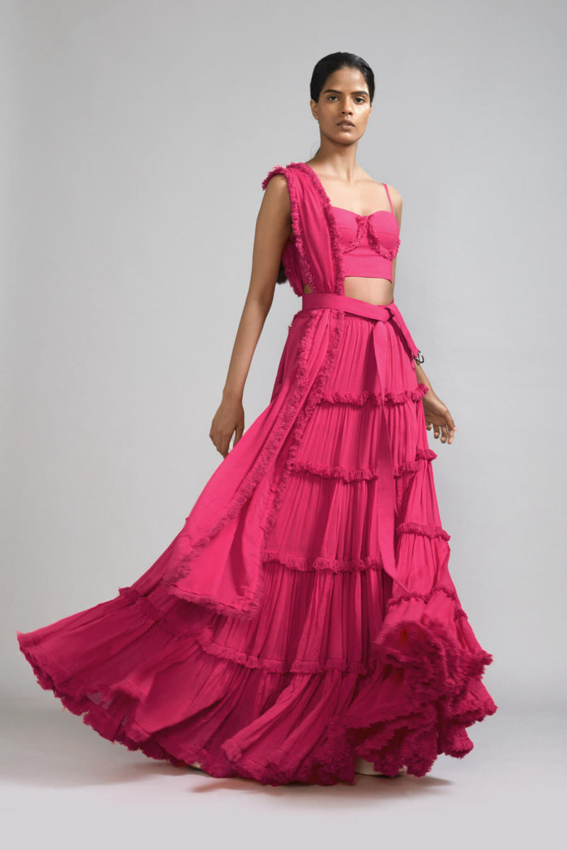 Pink Fringed Tiered Lehenga Set (3 PCS) cotton Lehenga Sets by Mati in pink color for women Worldwide
