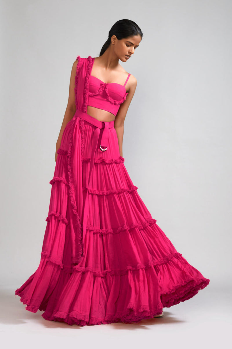 Pink Fringed Tiered Lehenga Set (3 PCS) cotton Lehenga Sets by Mati in pink color for women Worldwide