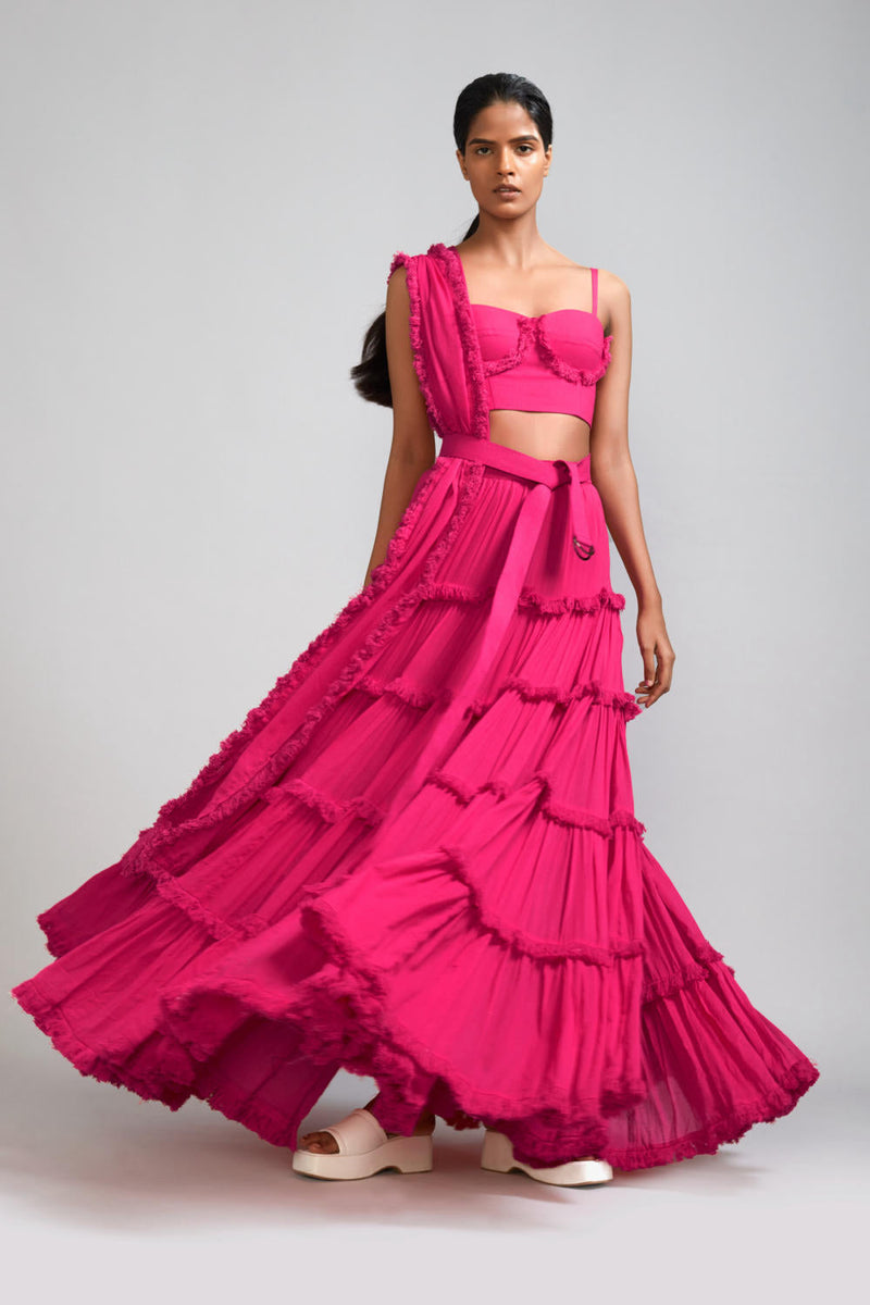 Pink Fringed Tiered Lehenga Set (3 PCS) cotton Lehenga Sets by Mati in pink color for women Worldwide