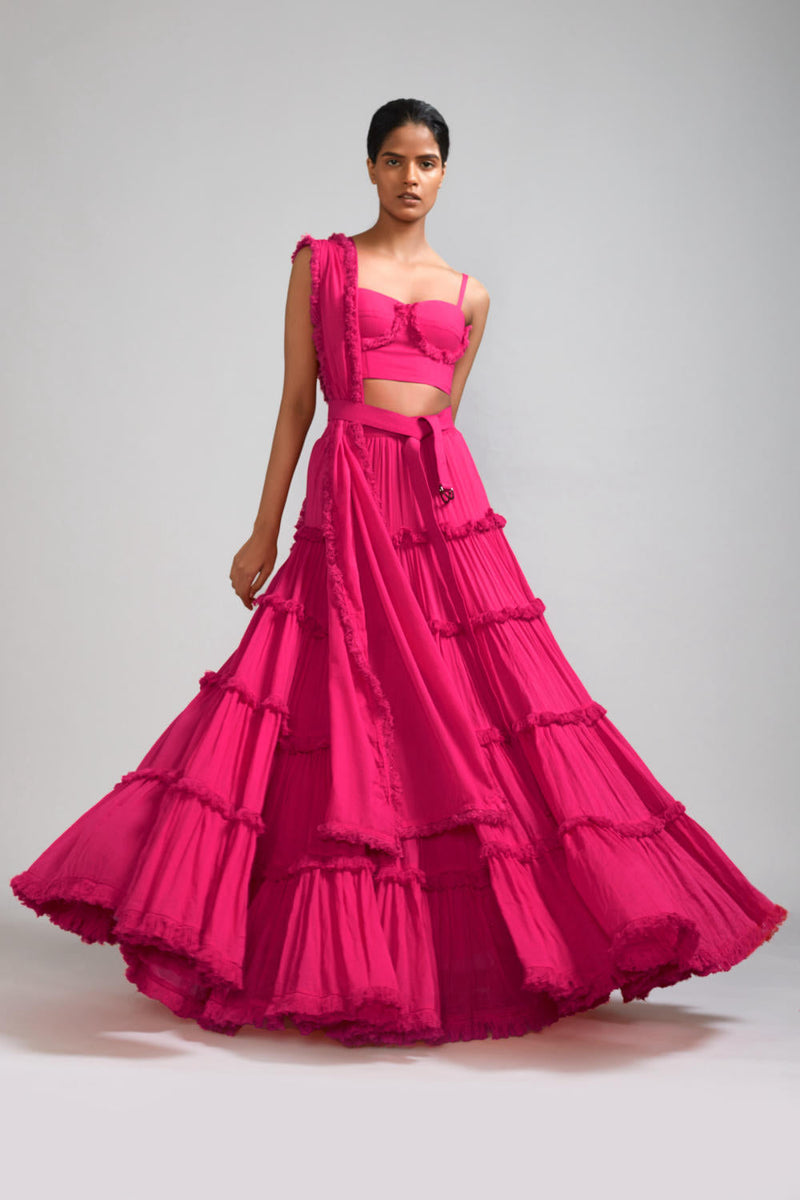 Pink Fringed Tiered Lehenga Set (3 PCS) cotton Lehenga Sets by Mati in pink color for women Worldwide