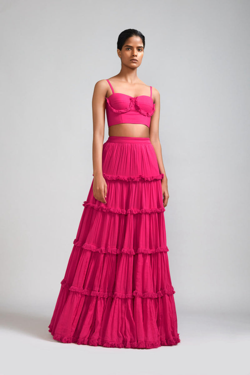 Pink Fringed Tiered Lehenga cotton Skirts,Lehenga Sets by Mati in pink color for women Worldwide