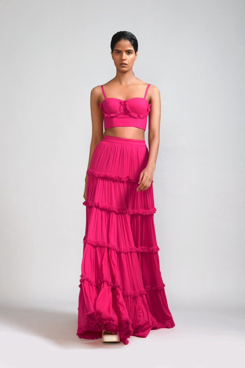 Pink Fringed Tiered Lehenga cotton Skirts,Lehenga Sets by Mati in pink color for women Worldwide