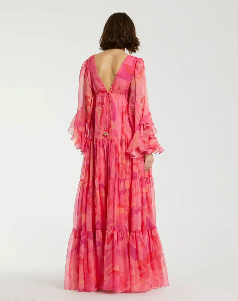 Pink Hibiscus Printed Chiffon Ruffle Long Sleeve V Neck Maxi Dress chiffon by Mac Duggal in multi color for women Worldwide