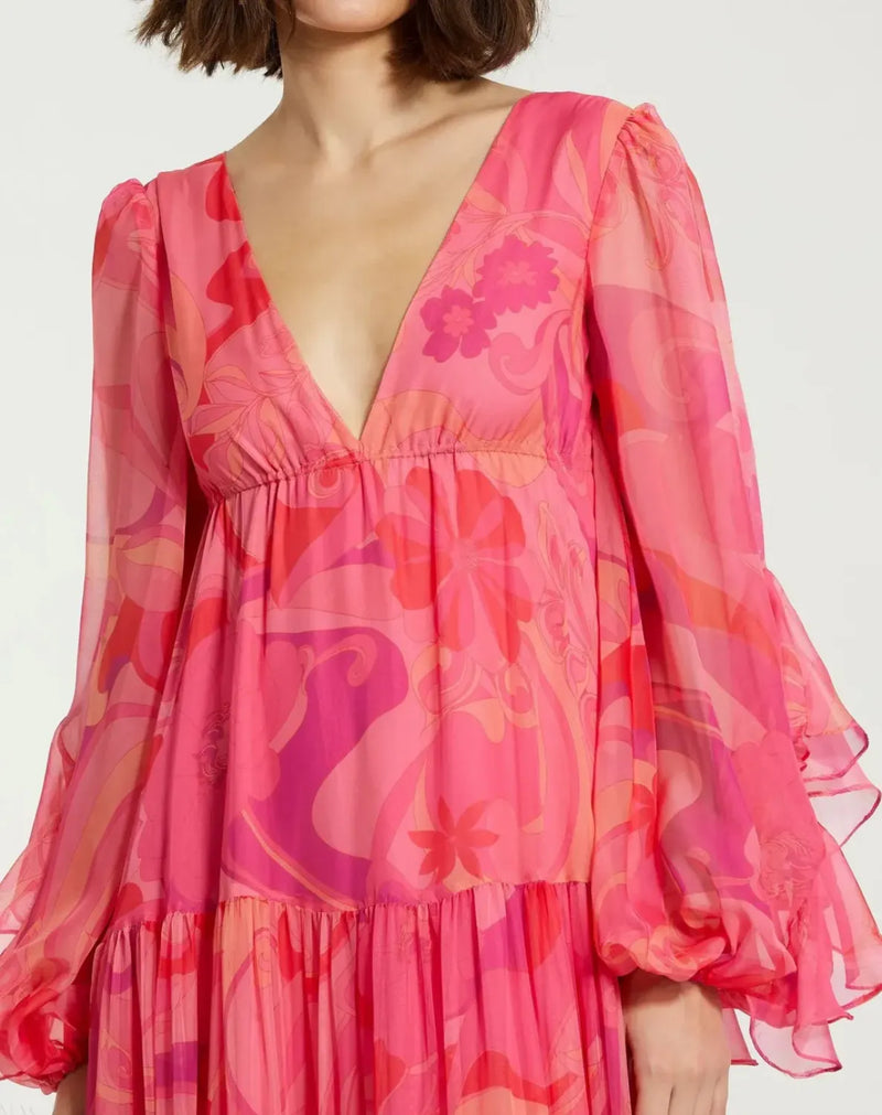 Pink Hibiscus Printed Chiffon Ruffle Long Sleeve V Neck Maxi Dress chiffon by Mac Duggal in multi color for women Worldwide