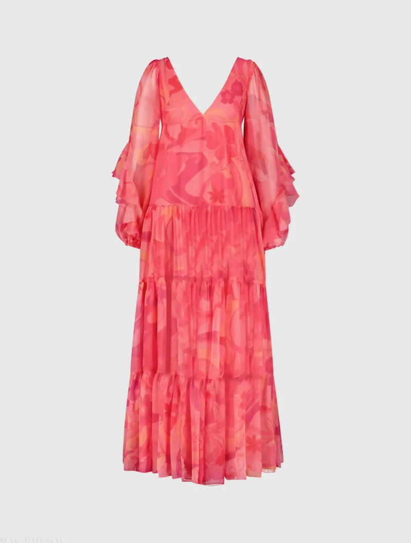 Pink Hibiscus Printed Chiffon Ruffle Long Sleeve V Neck Maxi Dress chiffon by Mac Duggal in multi color for women Worldwide