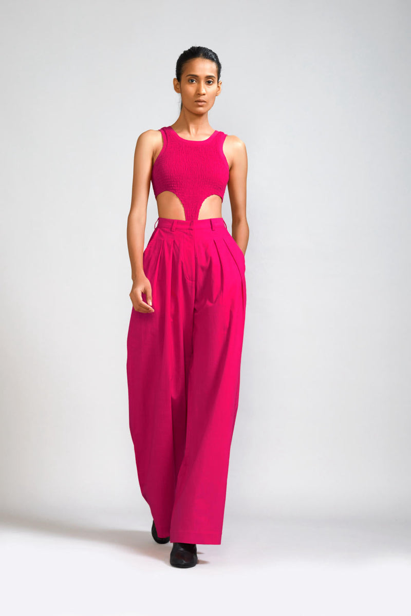 Pink Long Pleated Trouser cotton Pants/Trousers by Mati in pink color for women Worldwide