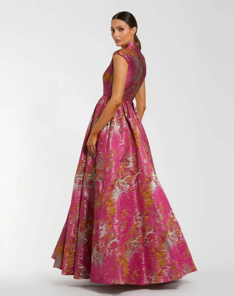 Pink Metallic Jacquard Ball Gown with Mandarin Collar brocade by Mac Duggal in multi color for women Worldwide