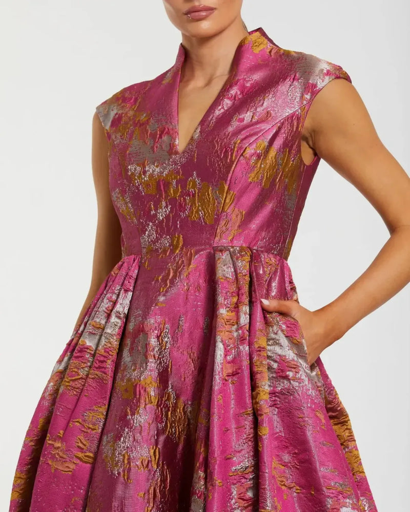 Pink Metallic Jacquard Ball Gown with Mandarin Collar brocade by Mac Duggal in multi color for women Worldwide