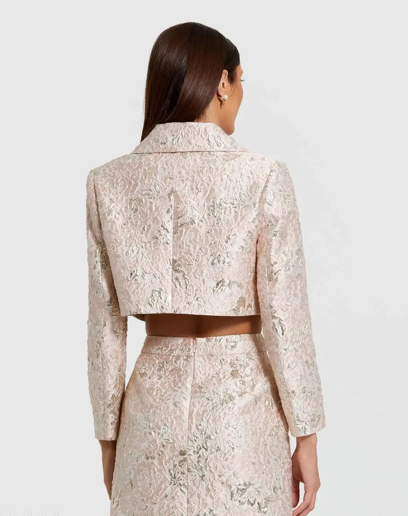 Pink Pearl Button Brocade Cropped Jacket brocade by Mac Duggal in blush color for women Worldwide