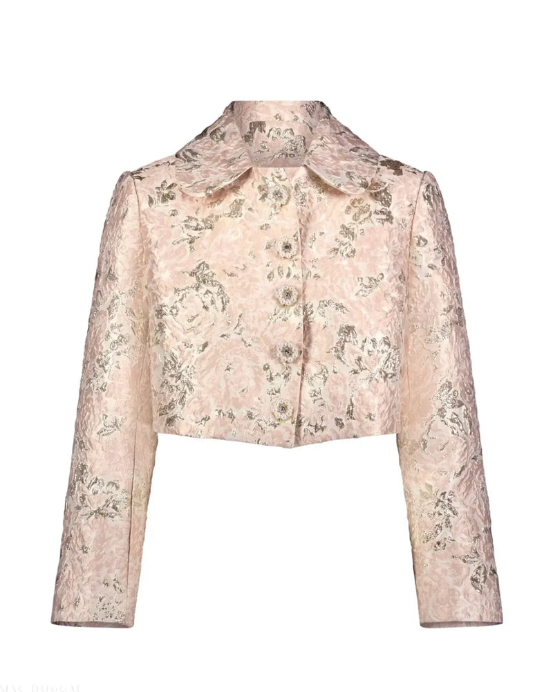 Pink Pearl Button Brocade Cropped Jacket brocade by Mac Duggal in blush color for women Worldwide