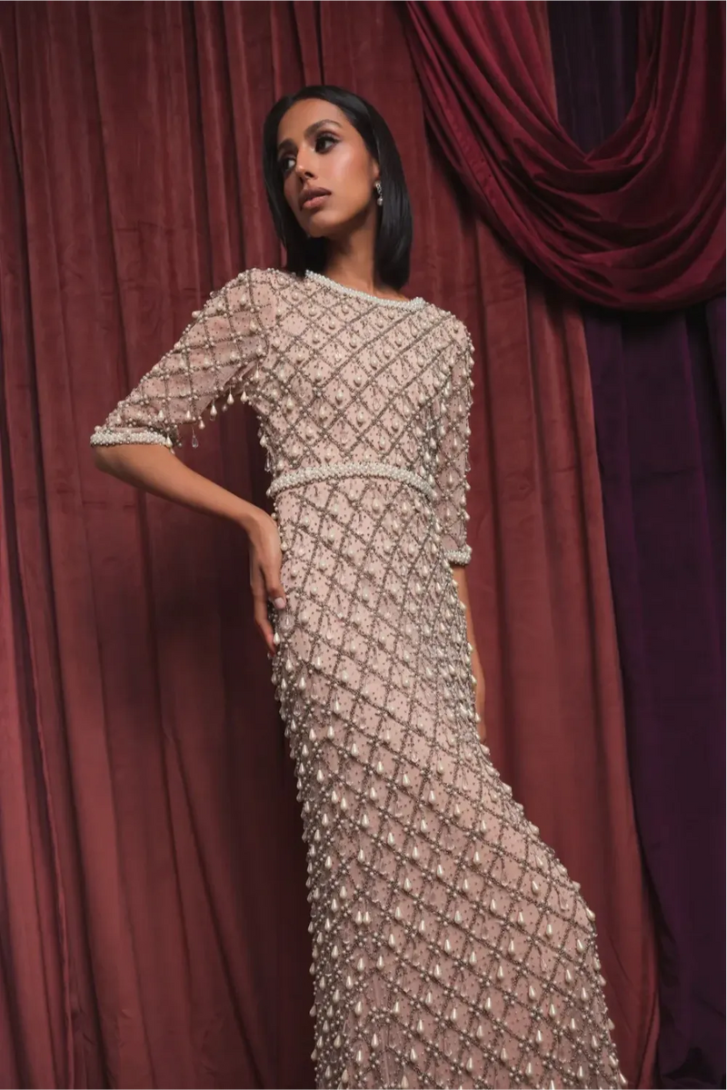 Pink Pearl Embellished 3/4 Sleeve Gown by Mac Duggal for women Worldwide