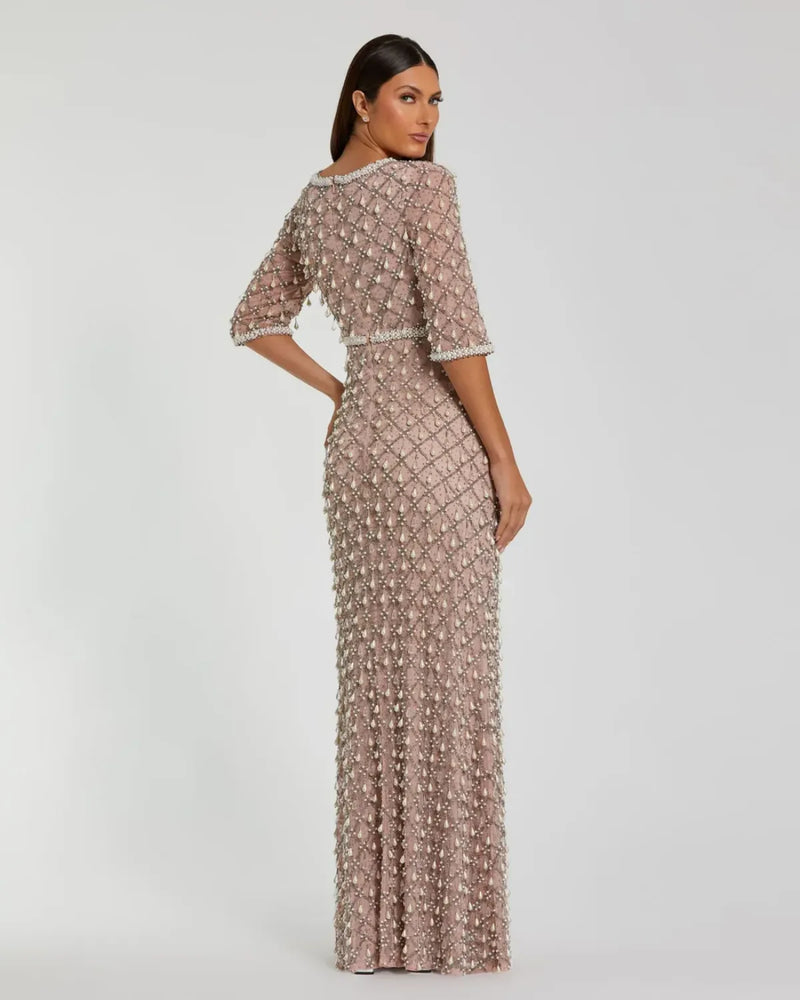 Pink Pearl Embellished 3/4 Sleeve Gown by Mac Duggal for women Worldwide