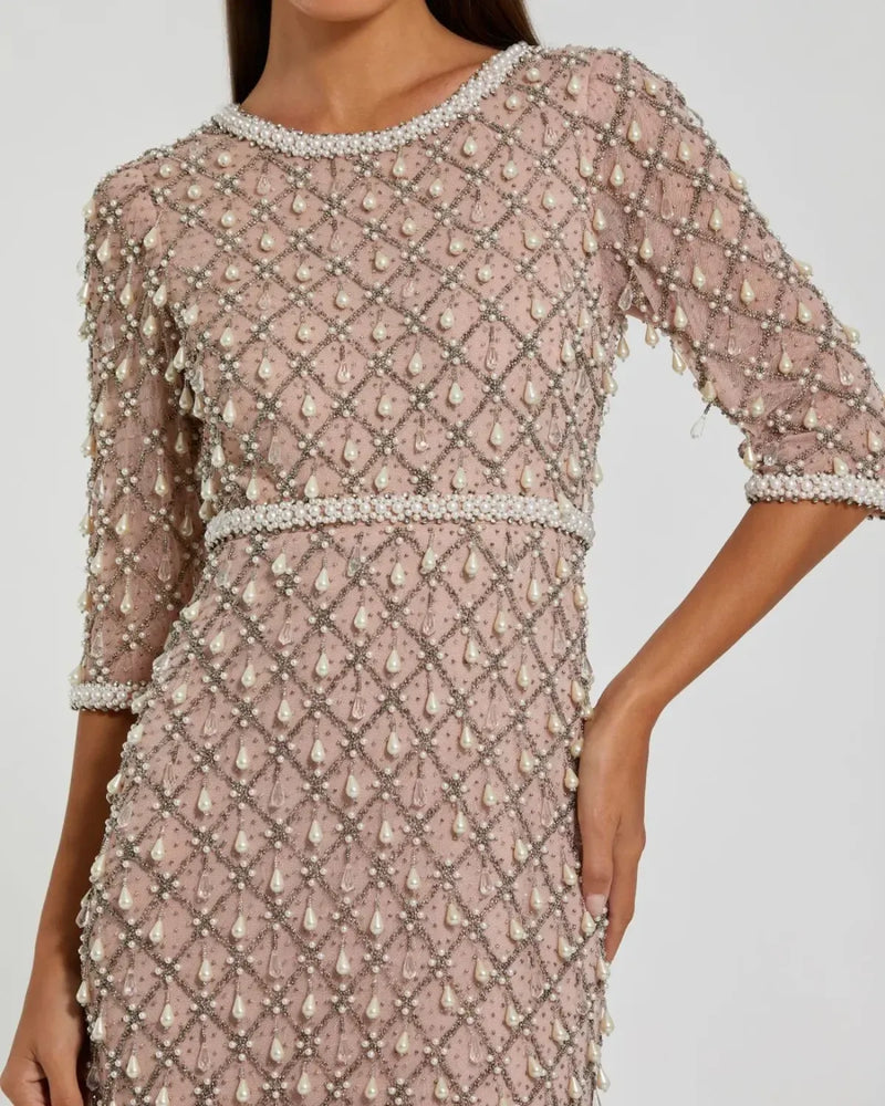 Pink Pearl Embellished 3/4 Sleeve Gown by Mac Duggal for women Worldwide