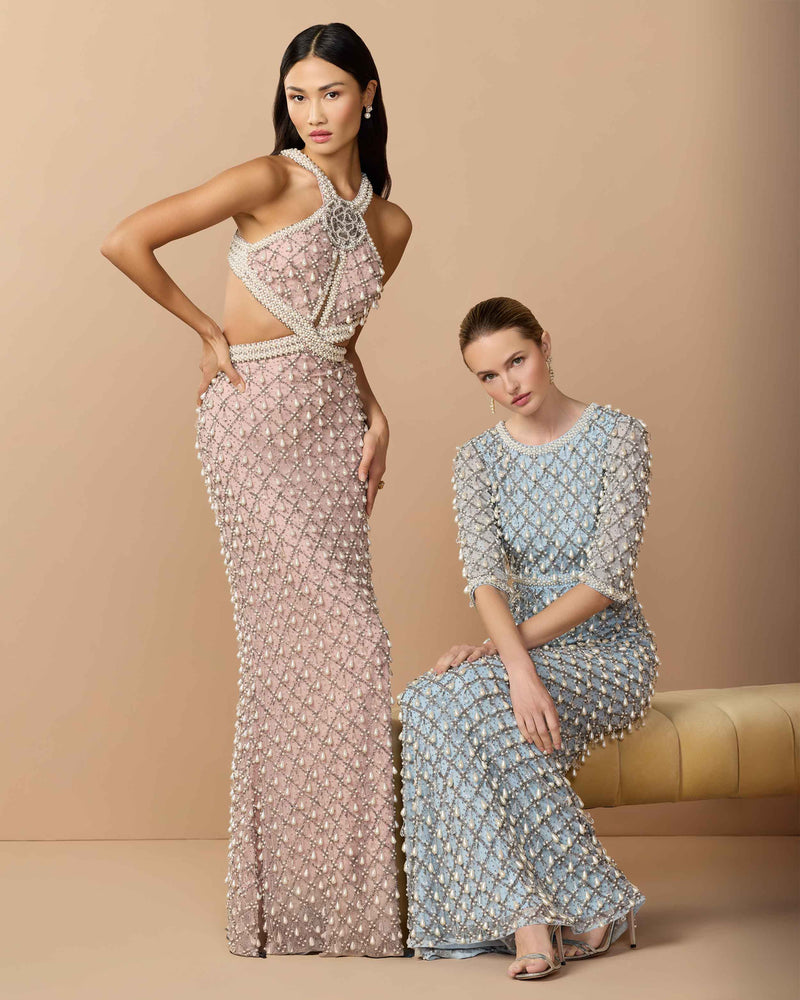 10098-Pink Pearl Embellished Open Back Gown polyester evening-gowns by Mac Duggal in pink for women Worldwide
