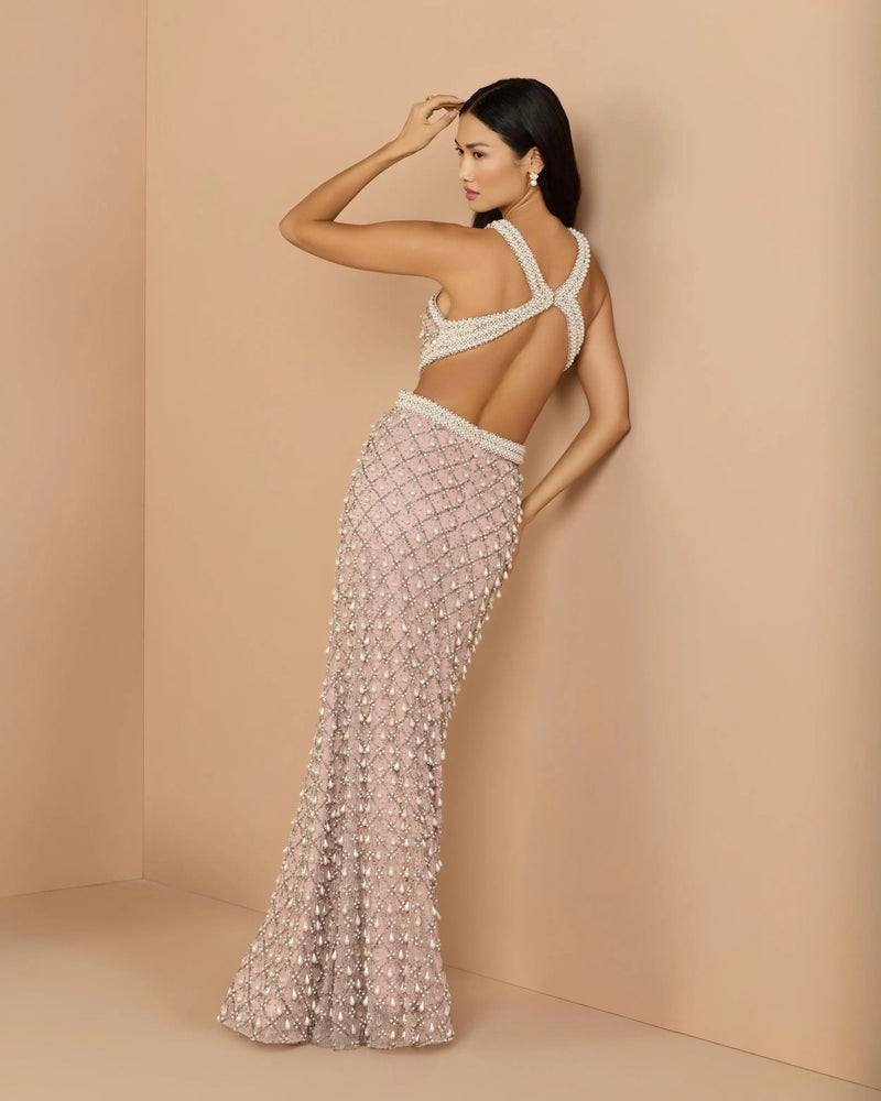 10098-Pink Pearl Embellished Open Back Gown polyester evening-gowns by Mac Duggal in pink for women Worldwide