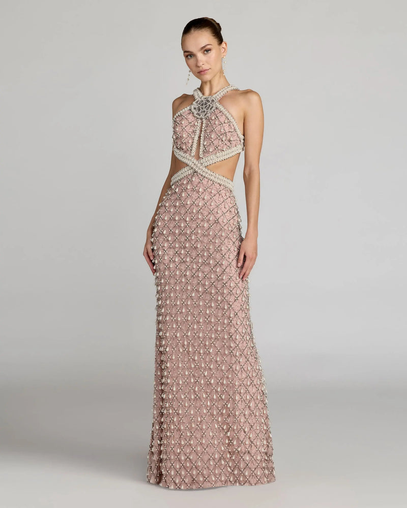 10098-Pink Pearl Embellished Open Back Gown polyester evening-gowns by Mac Duggal in pink for women Worldwide