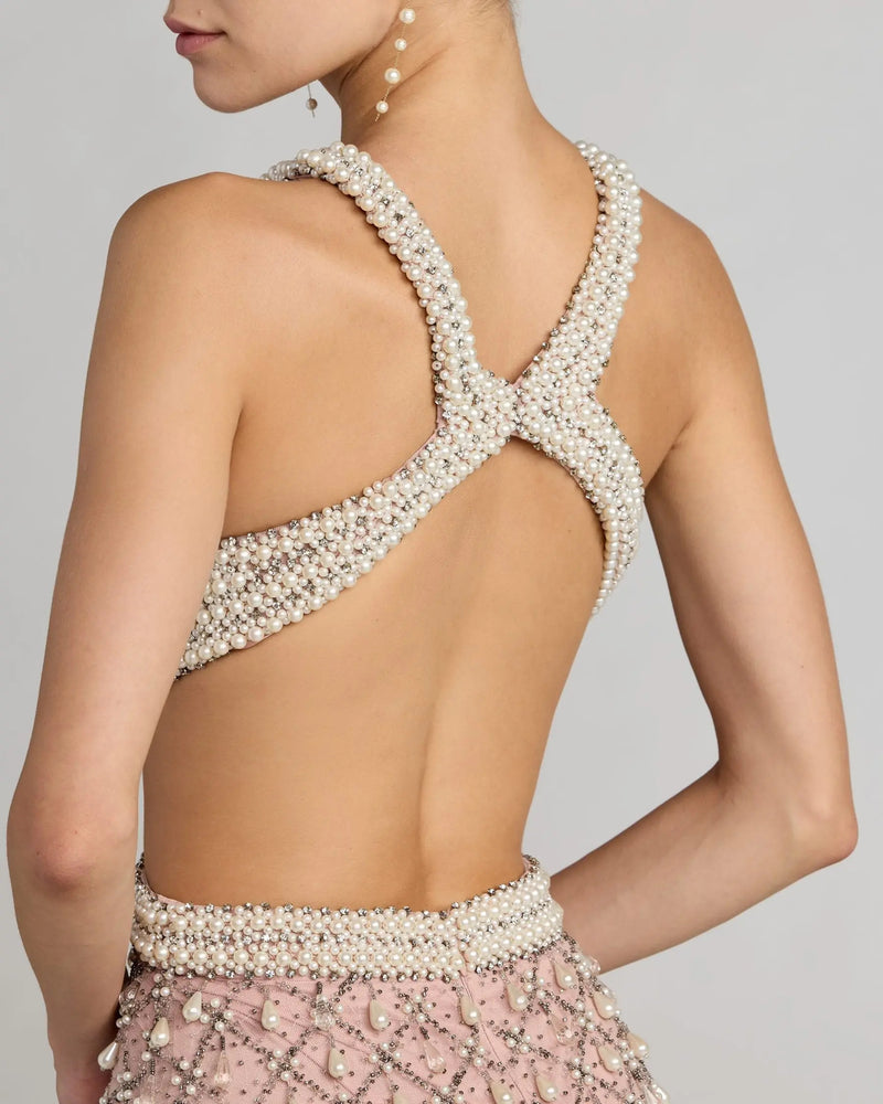 10098-Pink Pearl Embellished Open Back Gown polyester evening-gowns by Mac Duggal in pink for women Worldwide