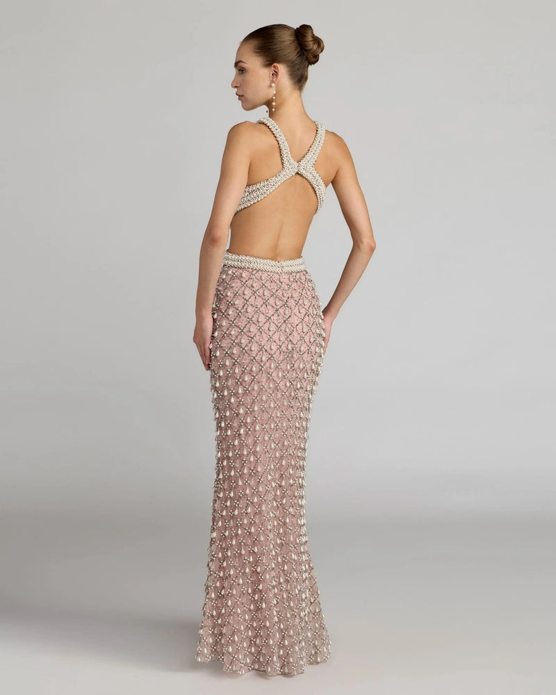10098-Pink Pearl Embellished Open Back Gown polyester evening-gowns by Mac Duggal in pink for women Worldwide