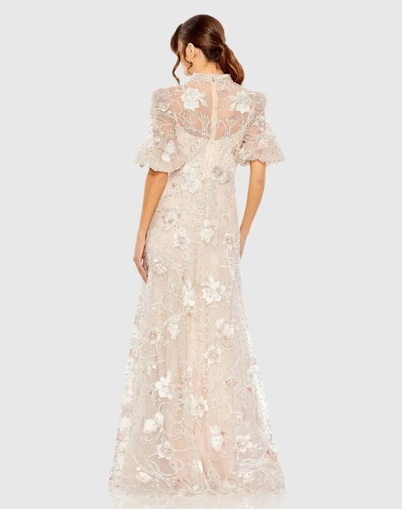 Pink Queen Anne Puff Sleeve A-Line Gown by Mac Duggal in pink color for women Worldwide