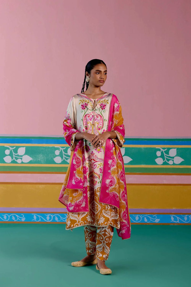 Pink & Mustard Paisley Kurta Set satin by Label Mogra in pink color for women Worldwide