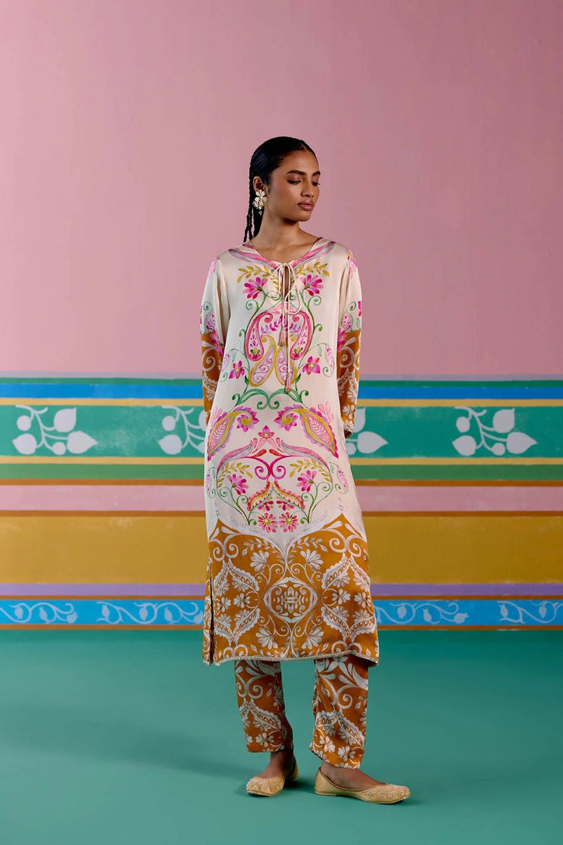 Pink & Mustard Paisley Kurta Set satin by Label Mogra in pink color for women Worldwide