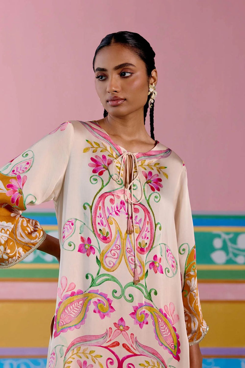 Pink & Mustard Paisley Kurta Set satin by Label Mogra in pink color for women Worldwide