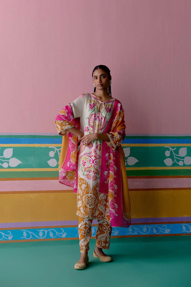 Pink & Mustard Paisley Kurta Set satin by Label Mogra in pink color for women Worldwide