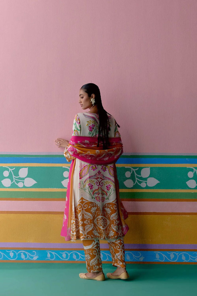 Pink & Mustard Paisley Kurta Set satin by Label Mogra in pink color for women Worldwide