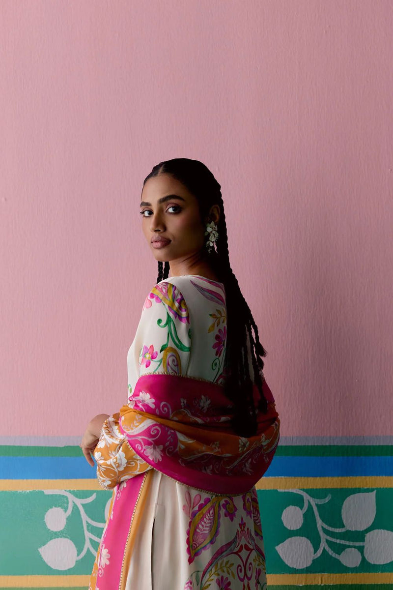 Pink & Mustard Paisley Kurta Set satin by Label Mogra in pink color for women Worldwide