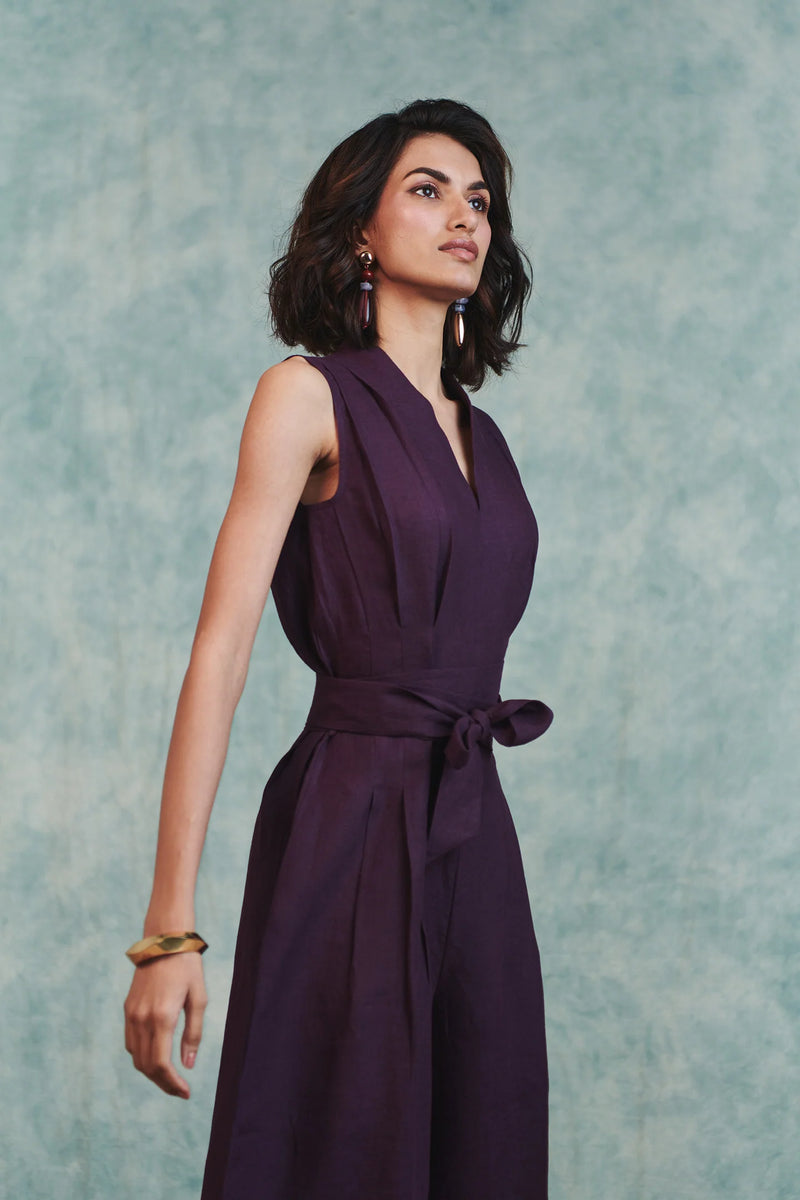Plum Linen Sculpted Jumpsuit