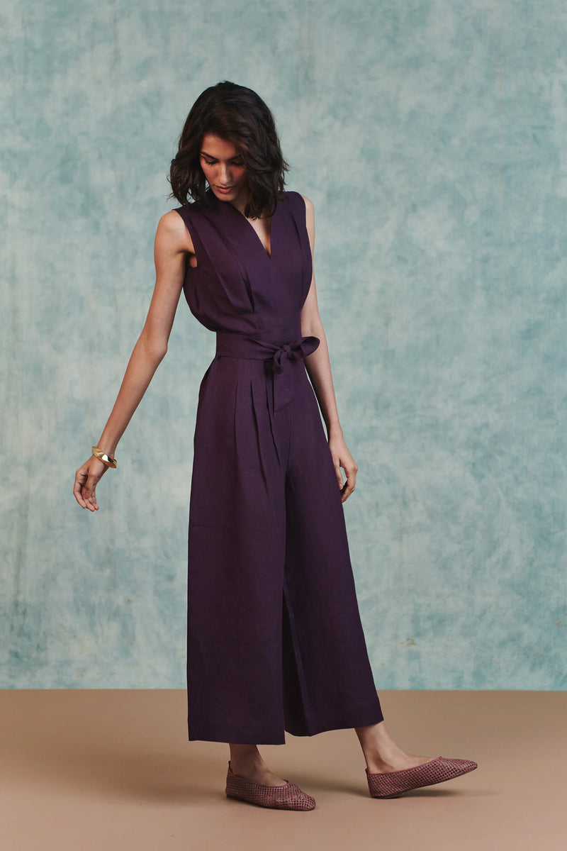Plum Linen Sculpted Jumpsuit