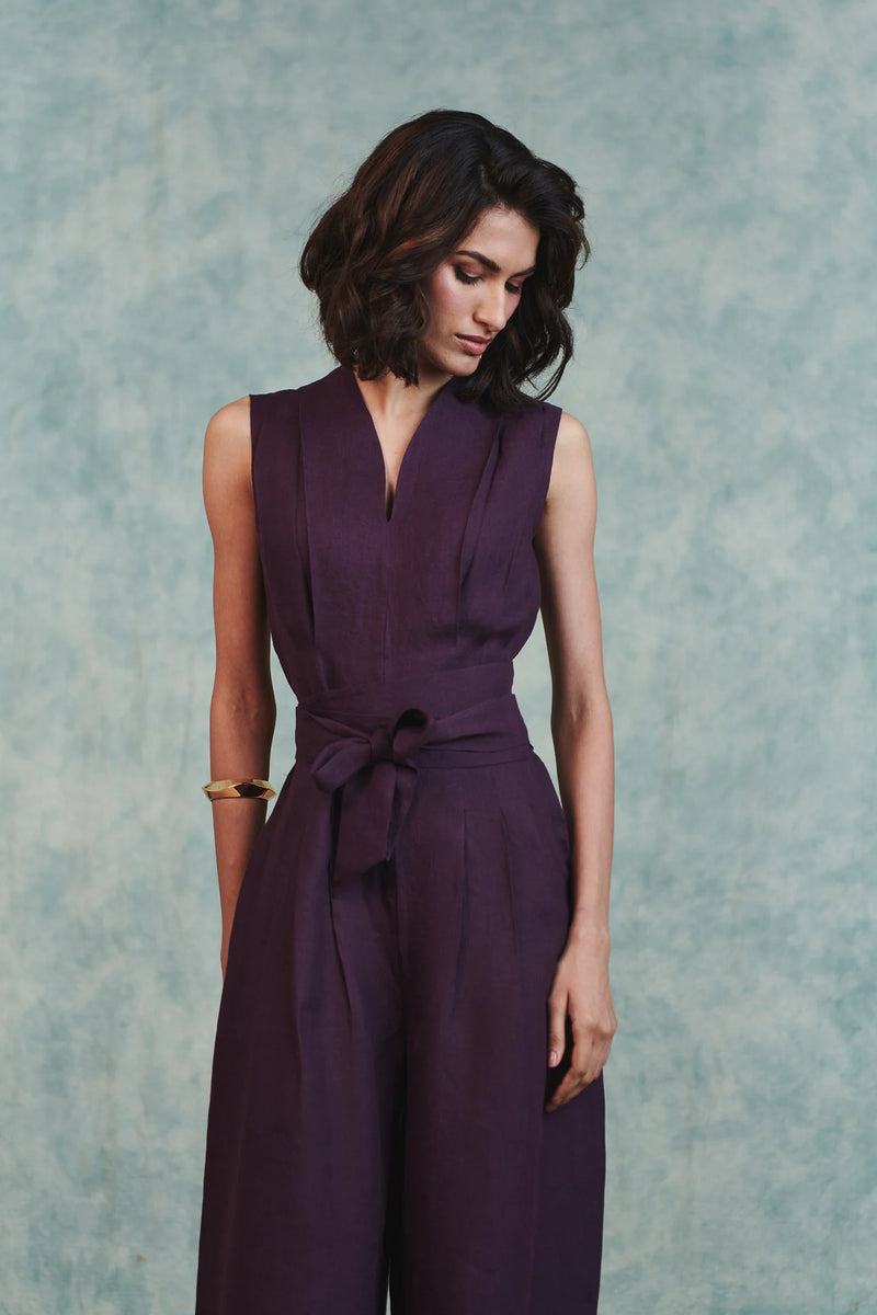 Plum Linen Sculpted Jumpsuit